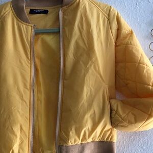 Cropped yellow quilted puffer bomber zip up jacket